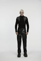 Black Zippered Eyelet Men's Punk Faux Leather Pants