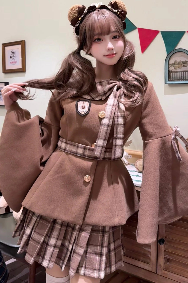 [Chestnut Sea Salt] Long Trumpet Sleeves Print Ruffle Bowknot Sweet Elegant Lolita Skirt Coat 2 Colors