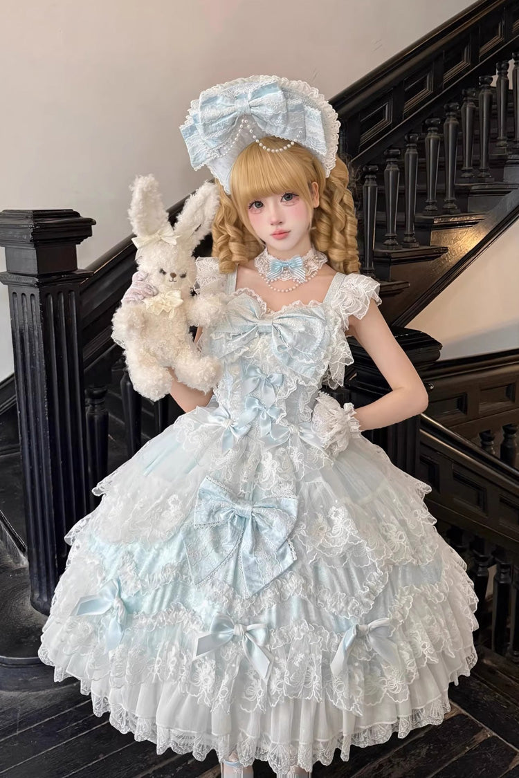 Blue [Sakura Dream Romance] Sleeveless Multi-Layered Ruffled Hanayome Bow Lace Sweet Princess Lolita Jsk Dress