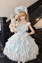 Blue [Sakura Dream Romance] Sleeveless Multi-Layered Ruffled Hanayome Bow Lace Sweet Princess Lolita Jsk Dress