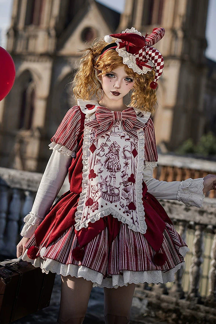 Red [Letters and Poems · Doll Mask] Poker Clown Long Sleeves Ruffled Bow Gothic Lolita Dress Set