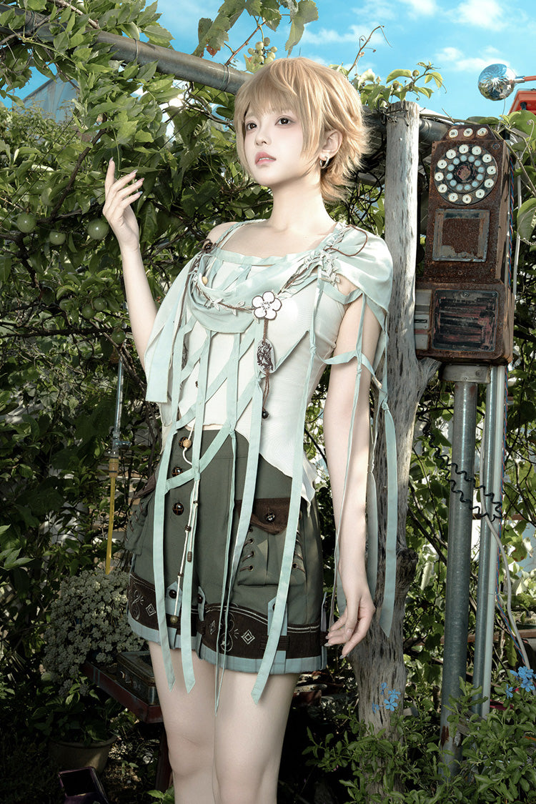 Green [Forest Guide] Square Collar Asymmetric Prince Ouji Lolita Set (Shorts + Shawl + Top)