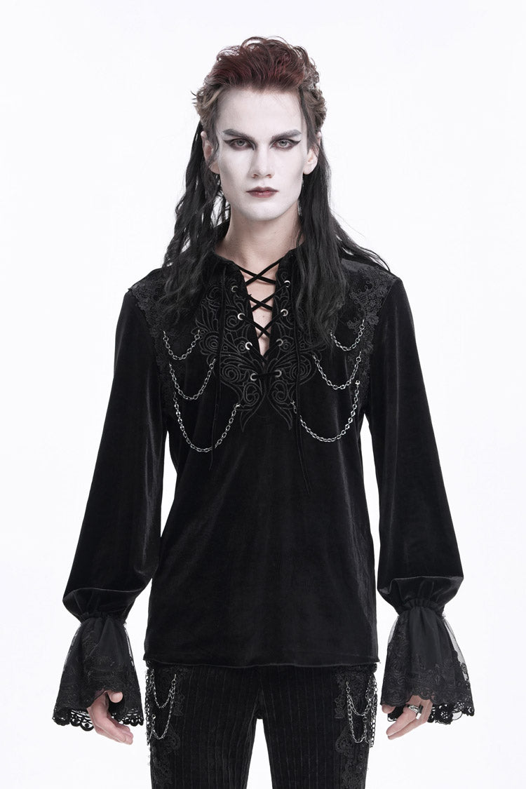 Black V Collar Long Sleeves Lace-Up Chain Men's Gothic Blouse