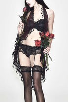 Red Frilly Tassel Hem Halter Lace Women's Gothic T-Shirt