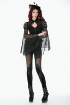 Black Women's Gothic Floral Decal Fishnet Mesh Patchwork Velvet Leggings