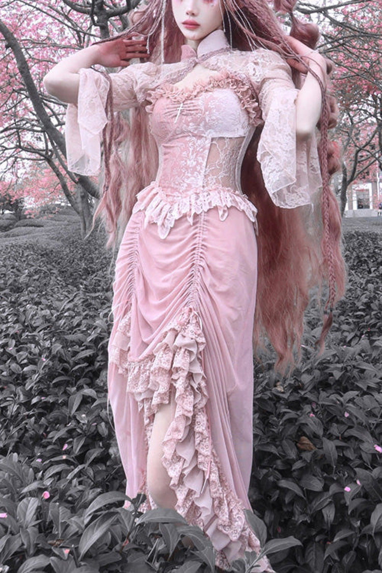 Pink Cherry Nightmare V Collar High Waisted Gothic Lolita JSK Dress