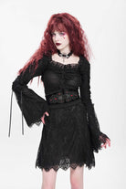 Black Square Collar Long Trumpet Sleeves Embroidered Lace-Up Women's Gothic Dress