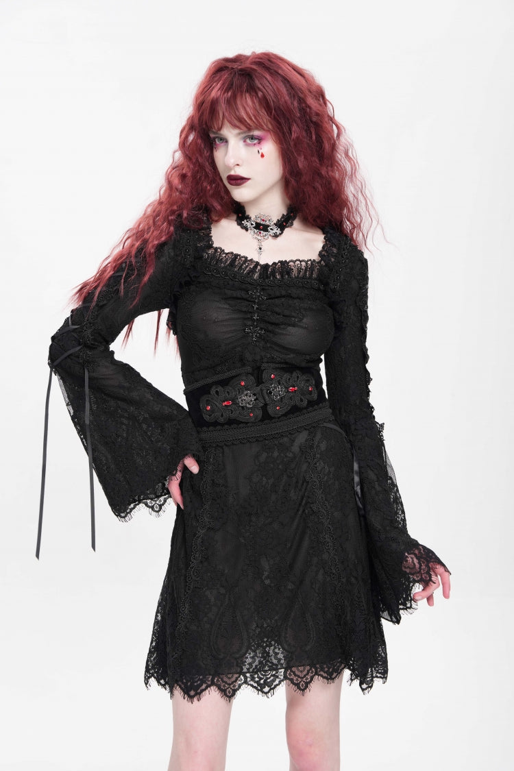 Black Square Collar Long Trumpet Sleeves Embroidered Lace-Up Women's Gothic Dress