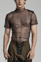 Stand Collar Short Sleeves Print Slim Mens Steampunk T-Shirt 2 Colors