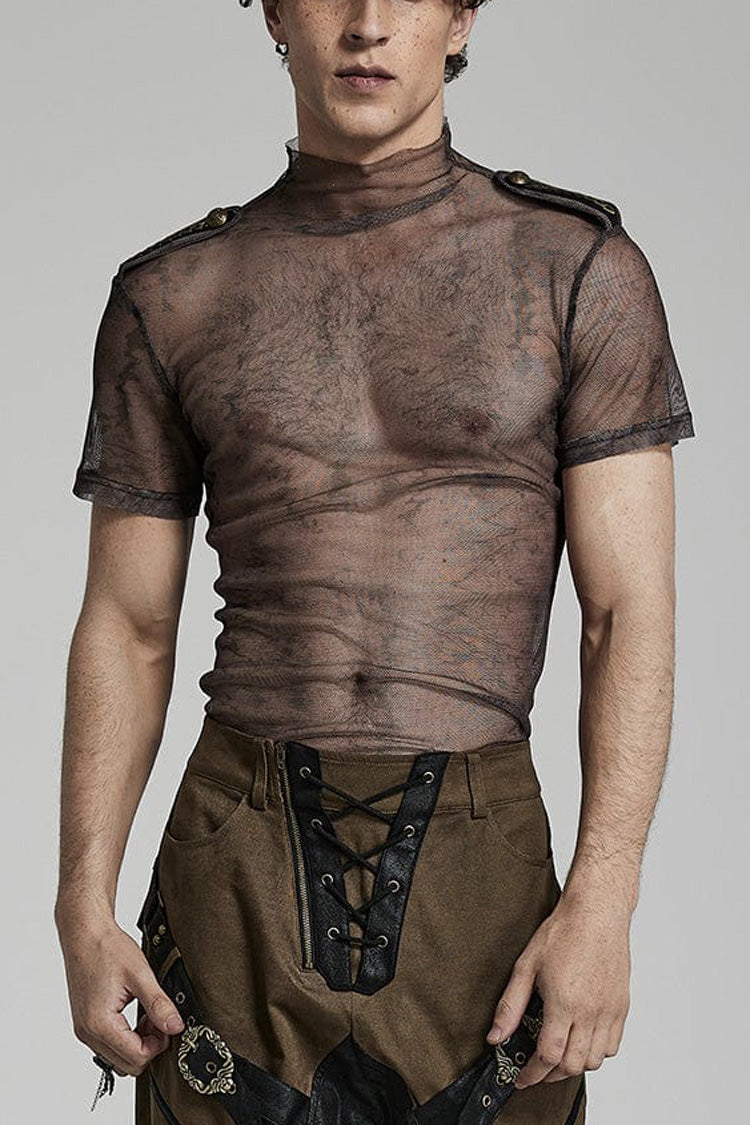 Stand Collar Short Sleeves Print Slim Mens Steampunk T-Shirt 2 Colors