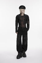 Black Stand Collar Long Sleeves Spliced Lace-Up Mesh Studded Buckled Eyelet Men's Punk Jacket