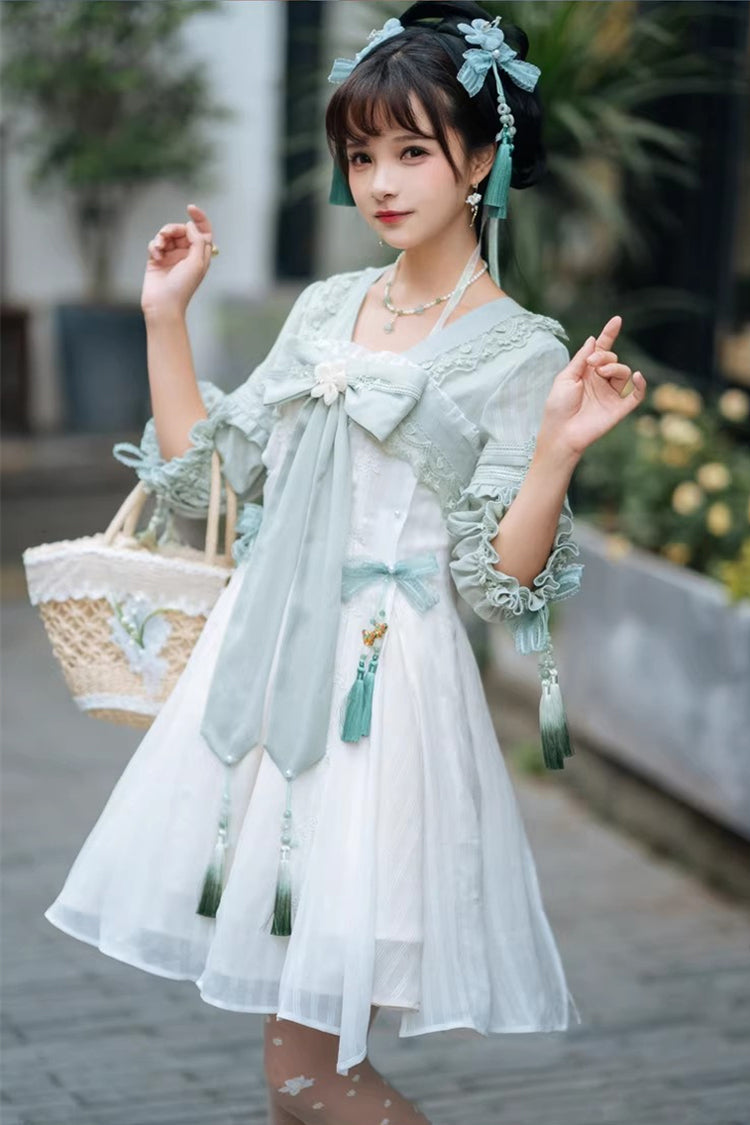 White/Green Half Sleeves Ruffled Bow Sweet Chinese Style Lolita Hanfu Dress