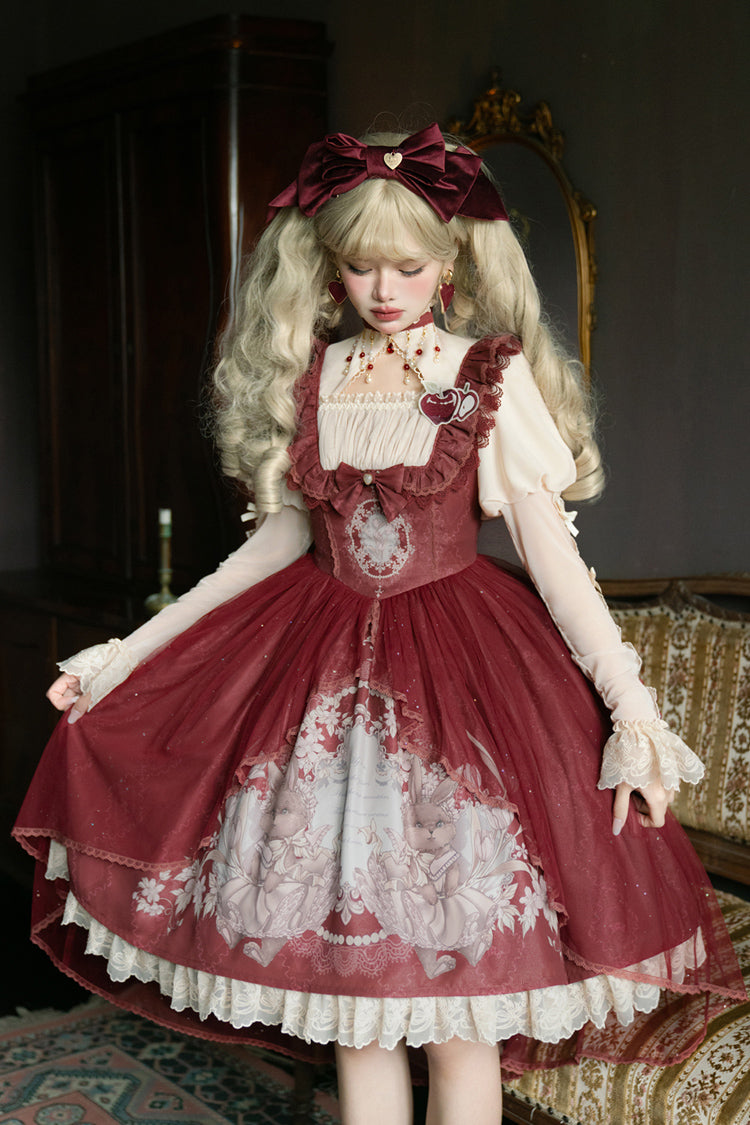 Red Bunny Tea Party Print Ruffle Bowknot Sweet Lolita Jsk Dress