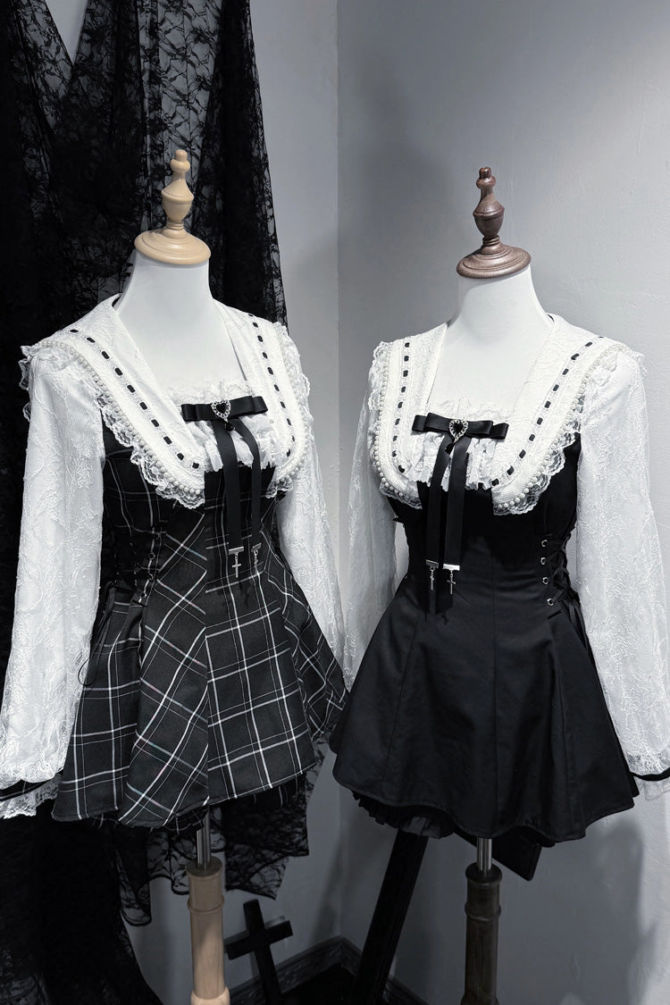 [Isle of Woven Dreams] Jirai Kei Square Collar Long Sleeves Printed Bow Lace Pearl-Decorated Gothic Japanese Dress Shorts 2 Colors