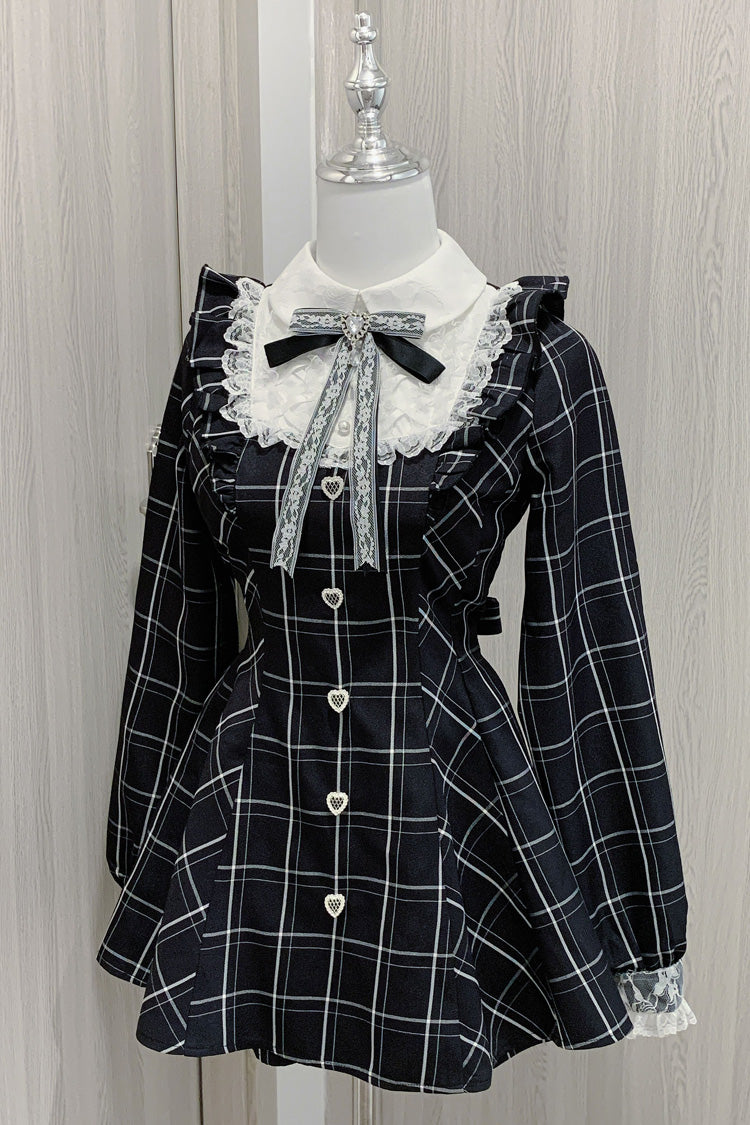 Black/White [Heart-beating Limited] Long Sleeves Plaid Print Print Bowknot Lace Gothic Jirai Kei Dress Set