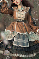 Multi-Color Retro Pastoral Style Stitching Color Ruffled Tiered Classic Lolita Op Dress (Belt is included)