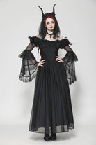 Black Off Shoulder Boat Neck Multi-Layered Long Trumpet Sleeves Lace Spliced Tulle Lace-Up Women's Gothic Fantasy Dress