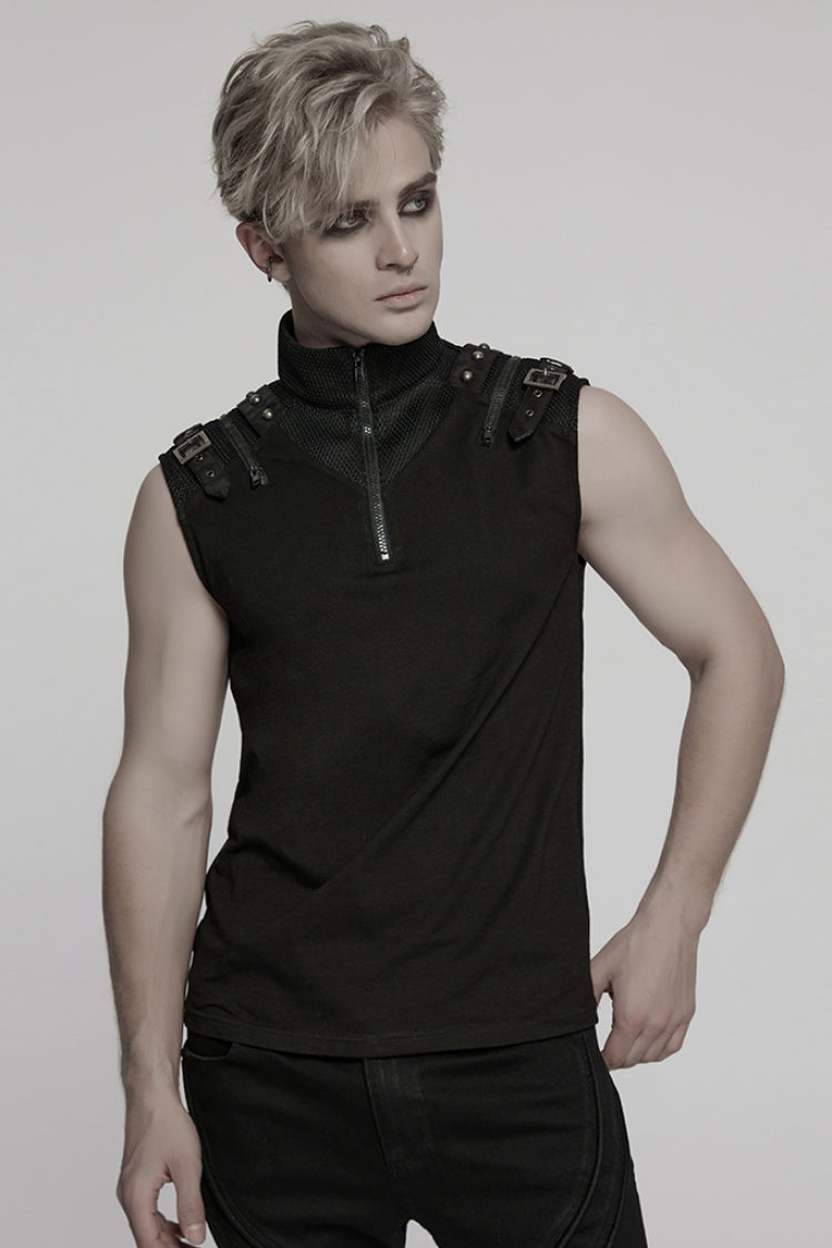 Black Stand Collar Sleeveless Stitching Mesh Zipper Men's Punk Vest