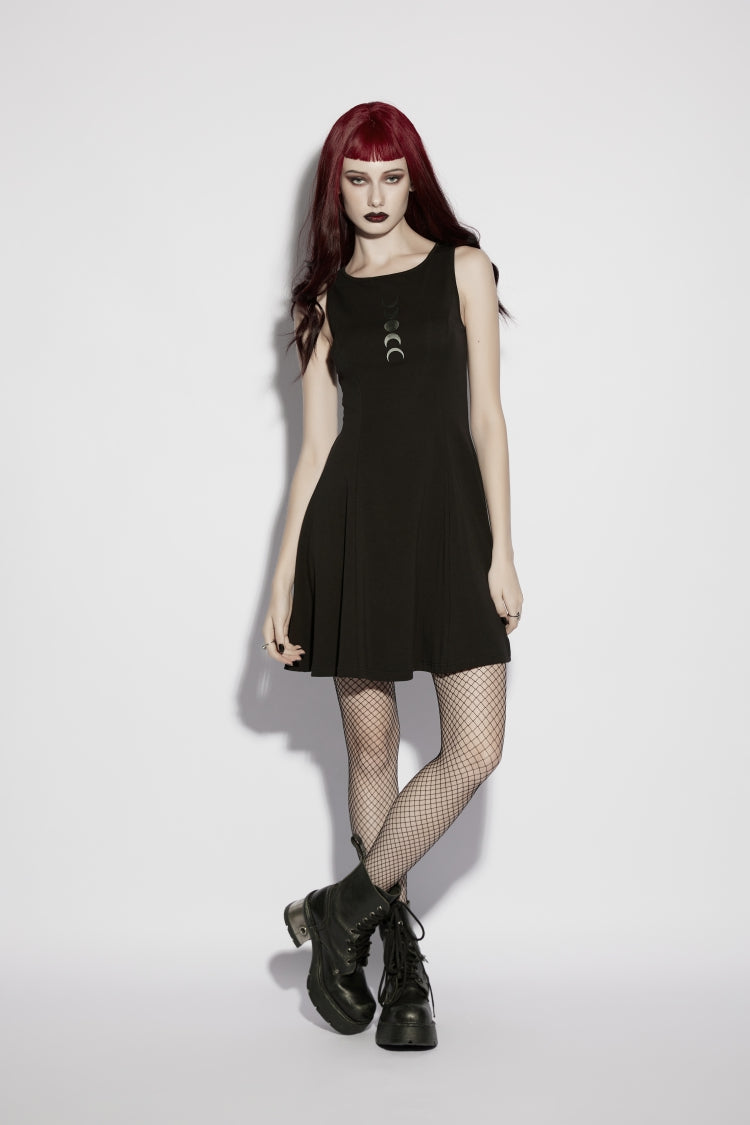 Black Off Shoulder Sleeveless Women's Gothic Moon Phase Printed Dress Graduation Dress