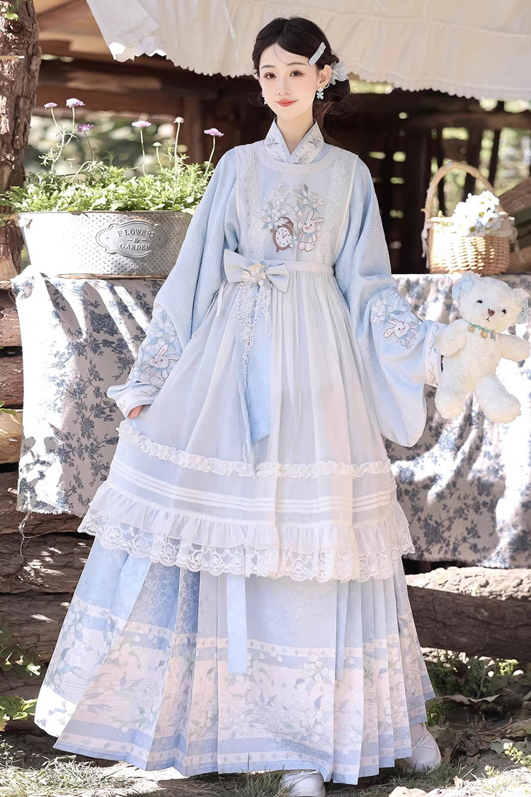 Light Blue [Alice in the Illusion] Stand Collar Pastoral-StylePrinted Bow Lace Chinese Style Vintage Lolita Ma Mian Skirt Set