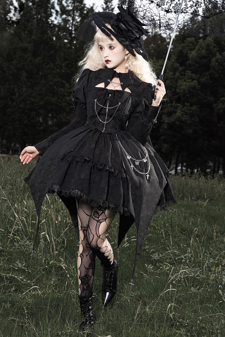 Black Dark Night Law Long Sleeves High Waisted Cardigan Bowknot Lace Gothic Lolita Dress