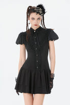 Black Short Sleeves Pleated Bow-Trim Lace Lace-Up Women's Lolita Gothic Dress