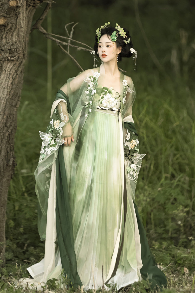 Green [Qingyao] Butterfly Flowers Embroidery Sweet Chinese Style Hanfu Dress Full Set
