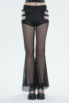 Black Stretch Knit Panel Mesh Cutout Flare Women's Gothic Trousers