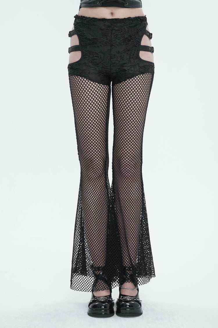 Black Stretch Knit Panel Mesh Cutout Flare Women's Gothic Trousers
