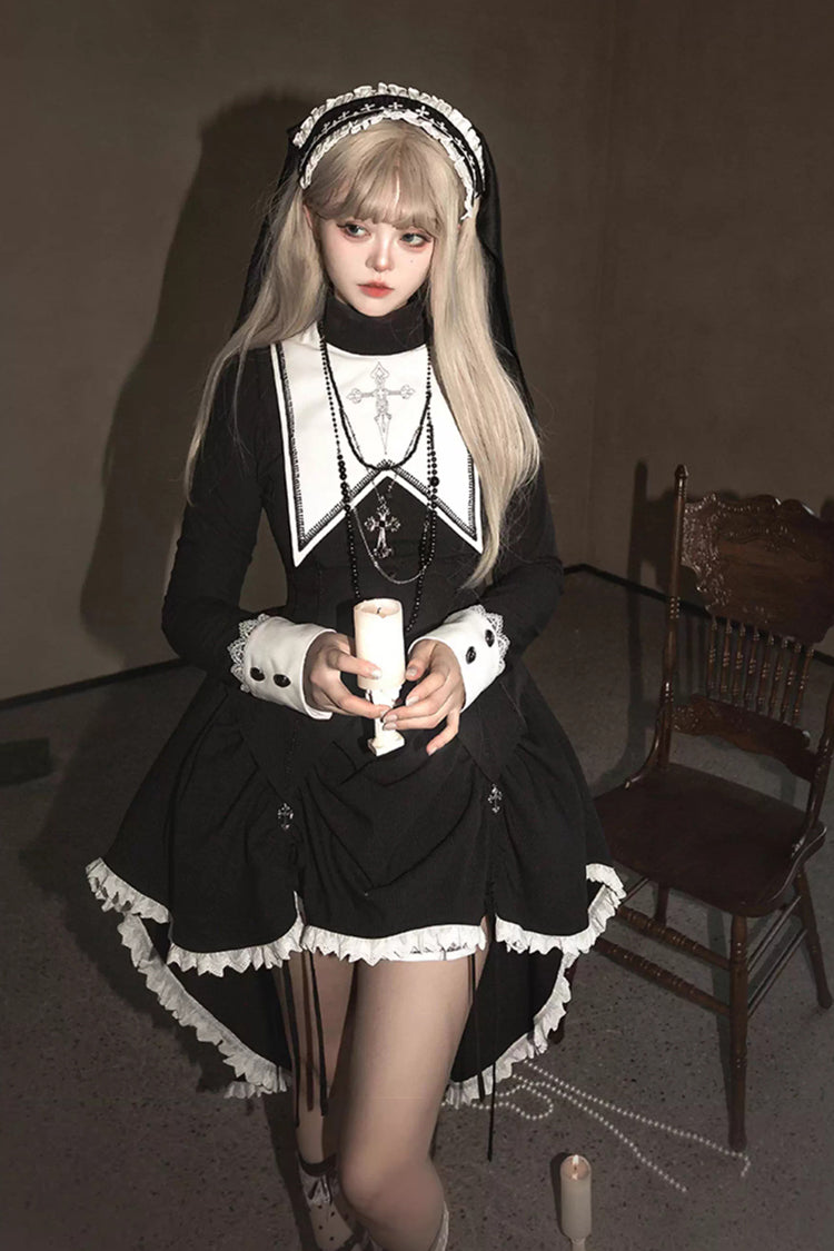 Black/White [Peace Prayer] Long Sleeves Ruffle Bowknot Asymmetric Gothic Lolita Skirt Set