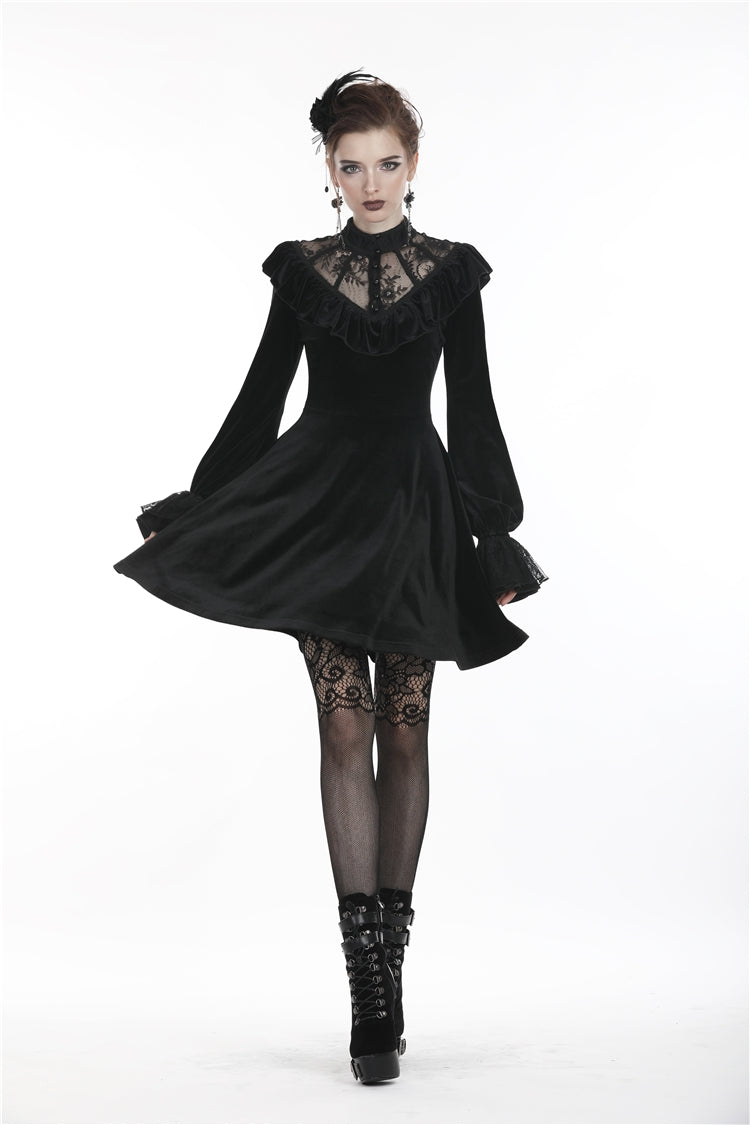 Black V-neck Long Sleeves Ruched Ruffled Lace Women's Lolita Gothic Velvet Dress
