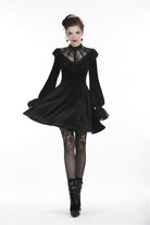 Black V-neck Long Sleeves Ruched Ruffled Lace Women's Lolita Gothic Velvet Dress