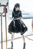Black [Sunset Universe] Short Sleeves Cardigan Lace Gothic Military Handsome Lolita Dress Full Set