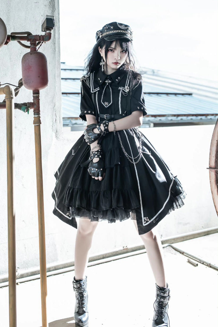 Black [Sunset Universe] Short Sleeves Cardigan Lace Gothic Military Handsome Lolita Dress Full Set