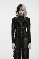 Black Lapel Collar Sleeveless Lace-Up Slim Fit Buckled Zippered Women's Punk Cool Vest