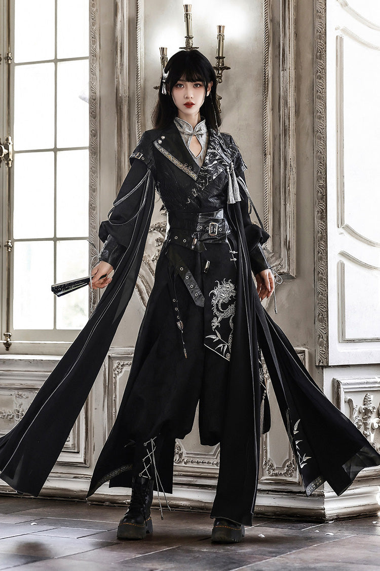 Black [Shadow Dragon Diving Into the Abyss] Long Sleeves Jacquard Embroidered Gothic Chinese Inspired Hanfu Ouji Lolita Set