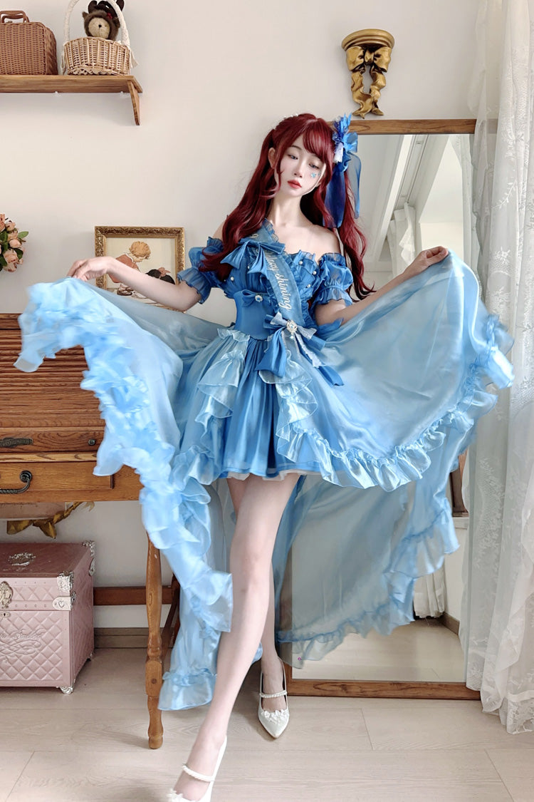 Blue [Mermaid Princess] Ruffle Hanayome Bowknot Sweet Elegant Lolita Jsk Dress Set