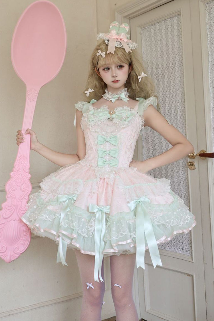 Pink [Candy Satin Ballet] Square Collar Sleeveless Multi-Layered Ruffled Bow Lace Pearl Detail Sweet Lolita Jsk Dress