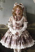 Brown [Teddy Bear Party] Round Collar Short Sleeves Printed Ruffled Bow Daily Sweet Lolita Dress