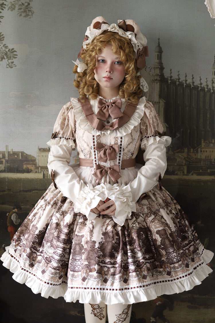 Brown [Teddy Bear Party] Round Collar Short Sleeves Printed Ruffled Bow Daily Sweet Lolita Dress