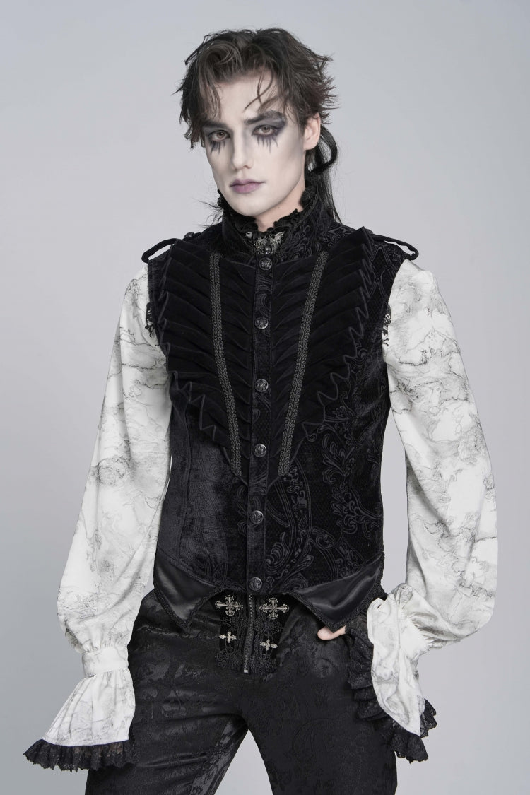 Black Stand Collar Sleeveless Jacquard Embroidered Buckled Pleated Men's Gothic Vest