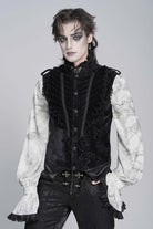 Black Stand Collar Sleeveless Jacquard Embroidered Buckled Pleated Men's Gothic Vest