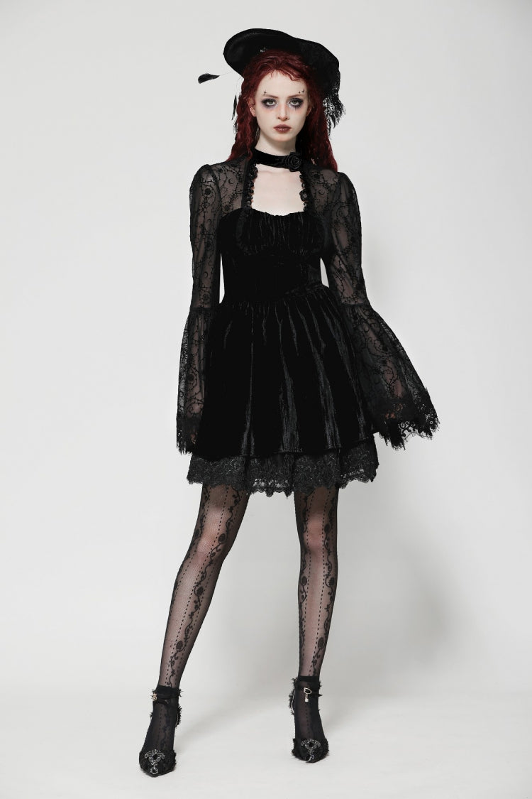 Black Lace Long Trumpet Puff Sleeves Floral Jacquard Cut-Out Lace-Up Women's Gothic Short Dress
