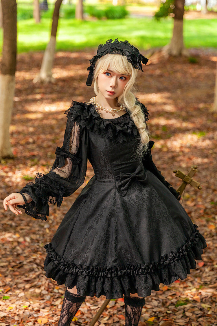 Black [Floral Canon] Round Collar Sleeveless Jacquard Printed Ruffled Bow Gothic Lolita Jsk Dress