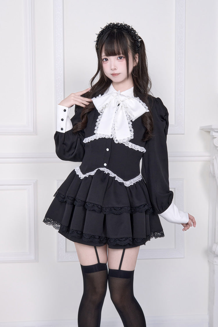 Japanese Long Sleeves Double-Layered Bowknot Jirai Kei Dress Shorts Set 2 Colors