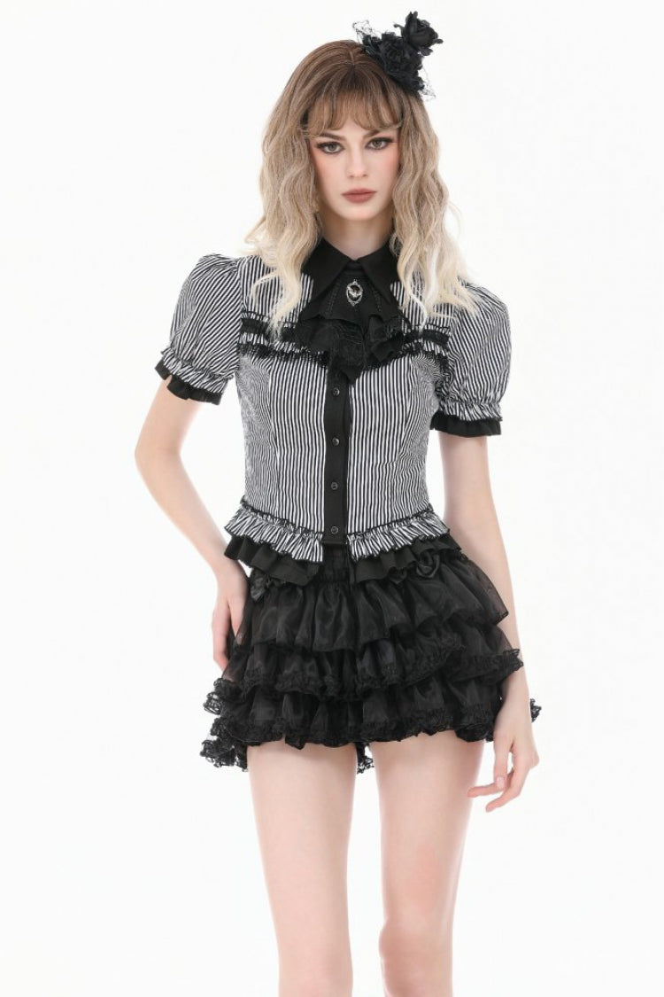 Black/White Pinstripe Short Puff Sleeves Lace-Up Women's Preppy Style Swallow-tailed Blouse with Detachable Tie