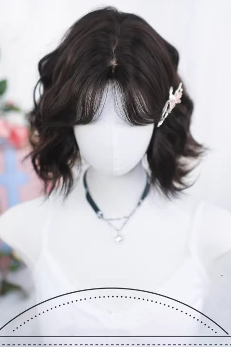 Black Tea Brown Short Wavy Wig with Special Curtain Bangs Sweet Lolita