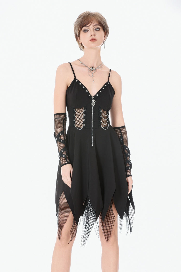 Black Sleeveless Mesh Spliced Studded Zipper Women's Punk Slip Dress