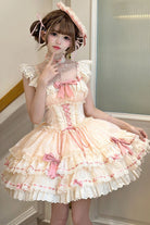 Apricot [Flory Butterfly] Double-Layered Ruffle Bowknot Lace Lace-Up Sweet Ballet Lolita Jsk Dress