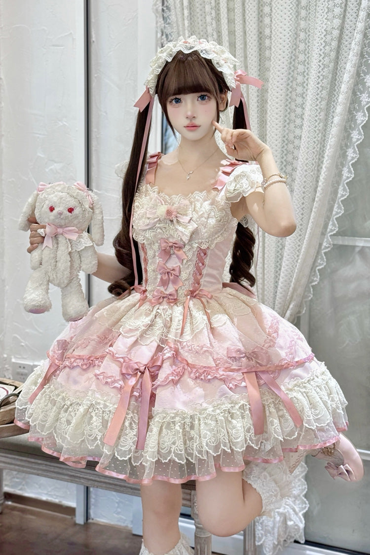 Pink [Dreaming Butterfly] Multi-Layered Jacquard Ruffle Bowknot Lace Sweet Princess Lolita Jsk Dress